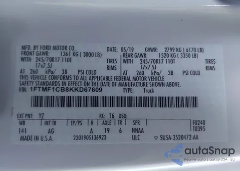 2019 Ford F-150 Xl from USA, damaged, VIN 1FTMF1CB8KKD67609